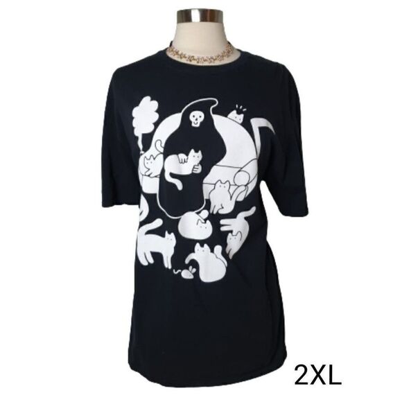 Grim Reaper Kitty T-Shirt 2XL Black White Printed Tee Hot Topic 2XL Unisex - Picture 1 of 7